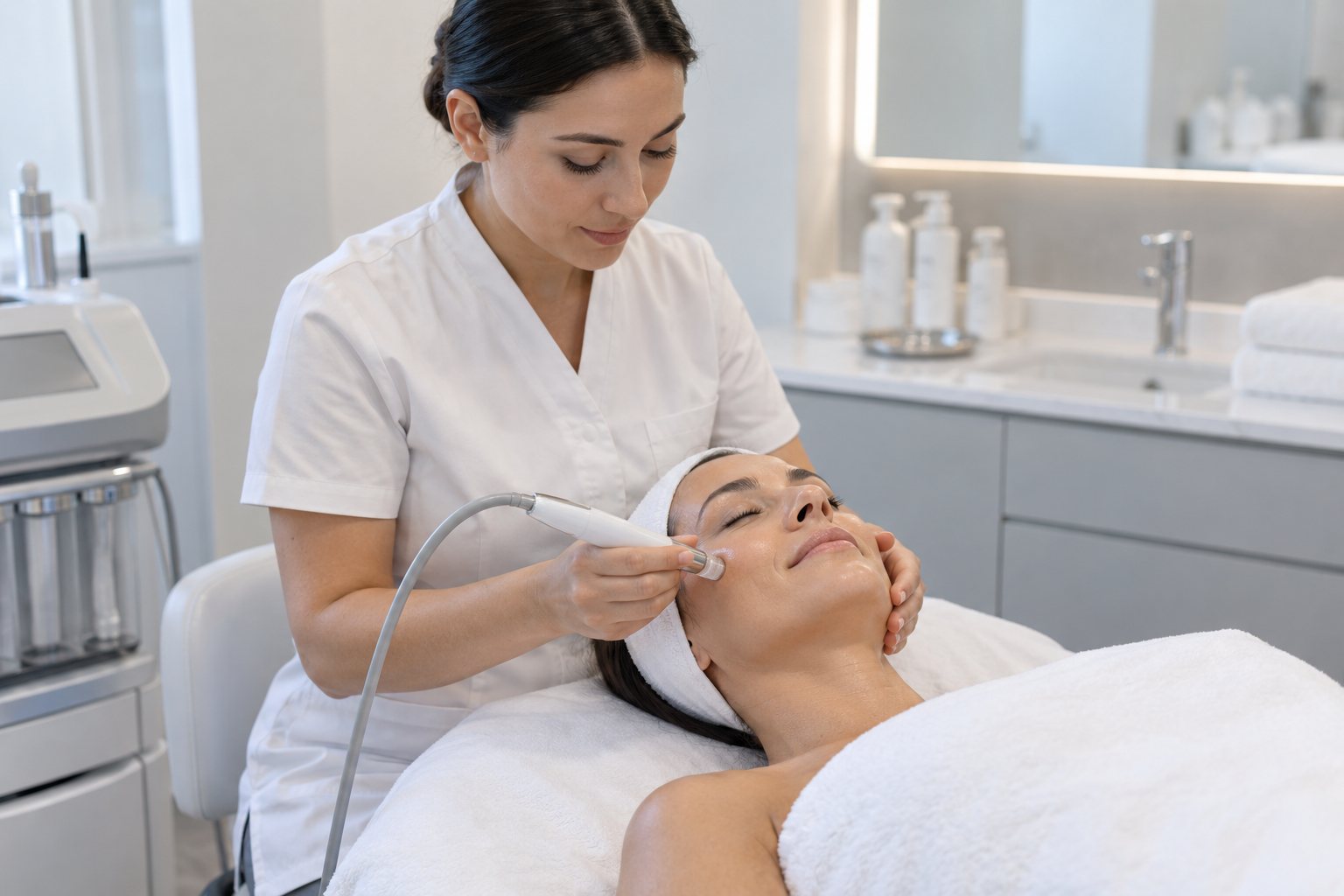 Esthéticienne réalisant un soin du visage
