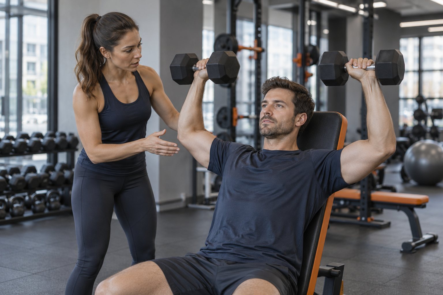 Entraîneuse guidant un client au gym