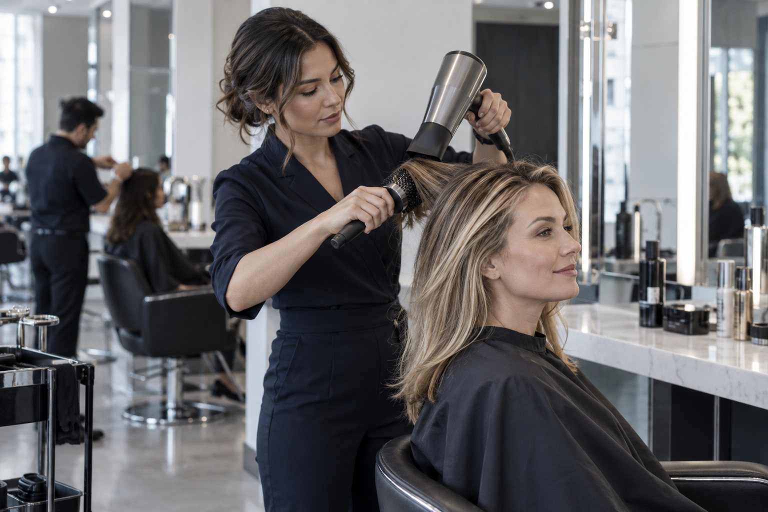 Coiffeuse accompagnant une cliente au salon